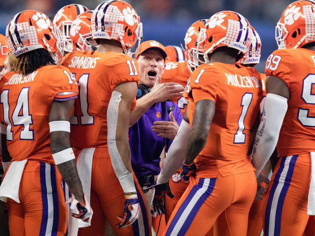 ARLINGTON, TX - DECEMBER 29: Clemson Tigers defensive coordinator Brent Venables talks to his players during the Goodyear Cotton Bowl College Football Playoff Semifinal game between the Clemson Tigers and Notre Dame Fighting Irish on December 29, 2018 at AT&T Stadium in Arlington, Texas.