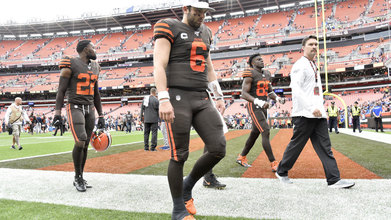 CLEVELAND, OHIO - SEPTEMBER 08: Baker Mayfield #6 of the Cleveland Browns walks off the field after the Browns were defeated by the Tennessee Titans at FirstEnergy Stadium on September 08, 2019 in Cleveland, Ohio. The Titans defeated the Browns 43-13.