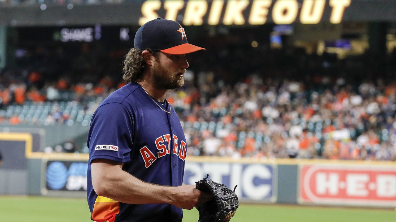 HOUSTON, TX - SEPTEMBER 08: Gerrit Cole #45 of the Houston Astros walks off the field after the eighth inning against the Seattle Mariners at Minute Maid Park on September 8, 2019 in Houston, Texas.