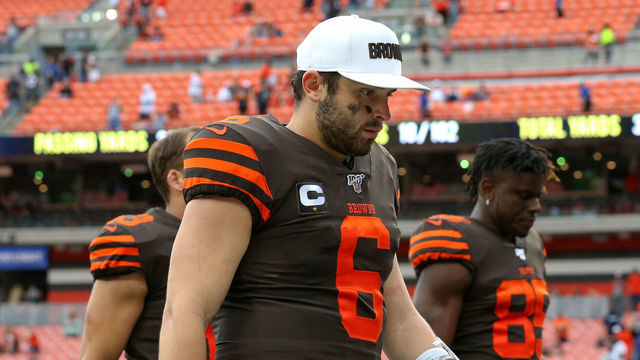 CLEVELAND, OH - SEPTEMBER 08: Cleveland Browns quarterback Baker Mayfield (6) leaves the fold following the National Football League game between the Tennessee Titans and Cleveland Browns on September 8, 2019, at FirstEnergy Stadium in Cleveland, OH.