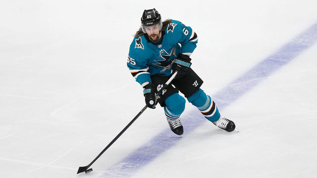 SAN JOSE, CA - APRIL 23: Erik Karlsson #65 of the San Jose Sharks looks to pass the puck against the Vegas Golden Knights in Game Seven of the Western Conference First Round during the 2019 NHL Stanley Cup Playoffs at SAP Center on April 23, 2019 in San Jose, California.