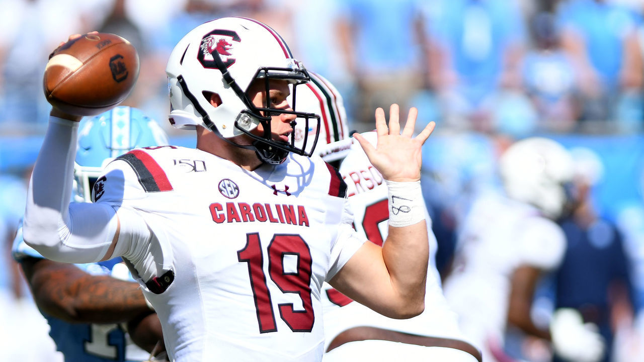 CHARLOTTE, NC - AUGUST 31: South Carolina Gamecocks quarterback Jake Bentley (19) pulls back to throw down field during the Belk College Kickoff game between the South Carolina Gamecocks and the North Carolina Tar Heels on August 31, 2019 at Bank of America Stadium in Charlotte,NC.