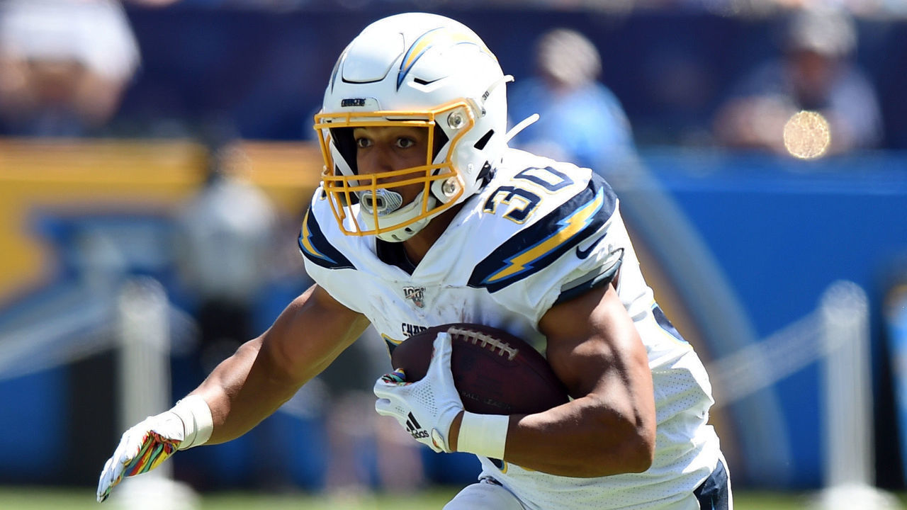 LOS ANGELES, CA - SEPTEMBER 08: Los Angeles Chargers Running Back Austin Ekeler (30) runs the ball during an NFL game between the Indianapolis Colts and the Los Angeles Chargers on September 08, 2019, at Dignity Health Sports Park in Los Angeles, CA.