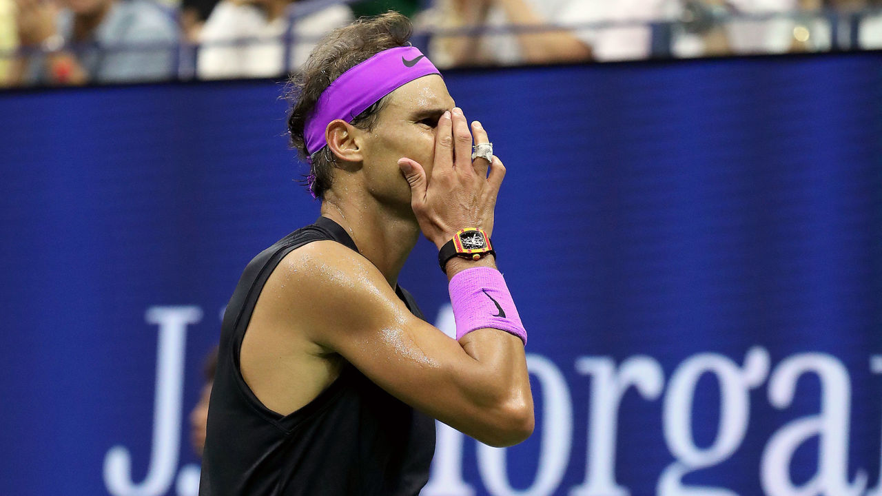 NEW YORK, NEW YORK - SEPTEMBER 08: Rafael Nadal of Spain reacts during the fourth set of his Men's Singles final match against Daniil Medvedev of Russia on day fourteen of the 2019 US Open at the USTA Billie Jean King National Tennis Center on September 08, 2019 in the Queens borough of New York City.