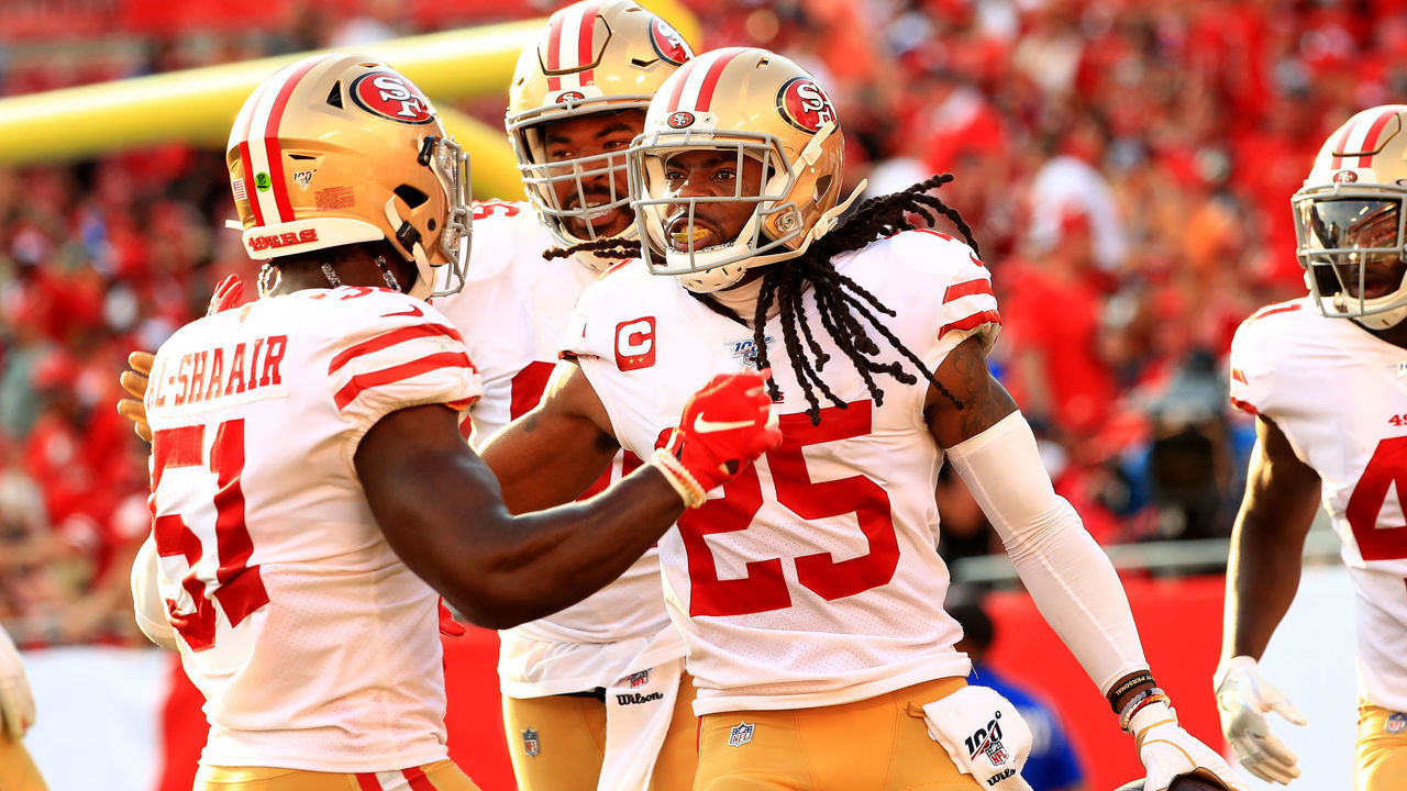TAMPA, FLORIDA - SEPTEMBER 08: Richard Sherman #25 of the San Francisco 49ers celebrates an interception returned for a touchdown during a game against the Tampa Bay Buccaneers at Raymond James Stadium on September 08, 2019 in Tampa, Florida.