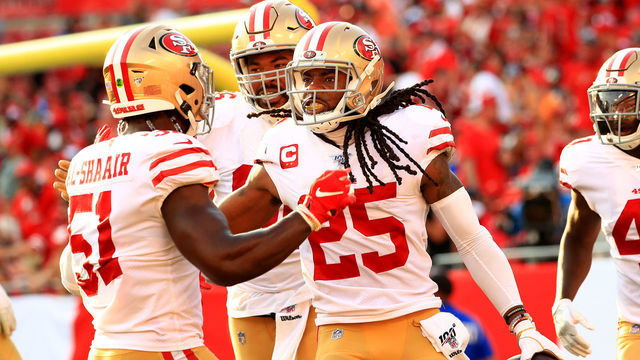 TAMPA, FLORIDA - SEPTEMBER 08: Richard Sherman #25 of the San Francisco 49ers celebrates an interception returned for a touchdown during a game against the Tampa Bay Buccaneers at Raymond James Stadium on September 08, 2019 in Tampa, Florida.