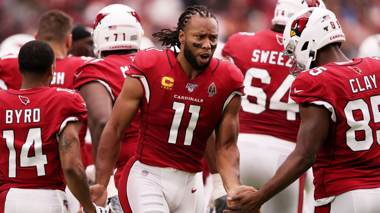 GLENDALE, ARIZONA - SEPTEMBER 08: Wide receiver Larry Fitzgerald #11 of the Arizona Cardinals is introduced prior to their game against the Detroit Lions at State Farm Stadium on September 08, 2019 in Glendale, Arizona.