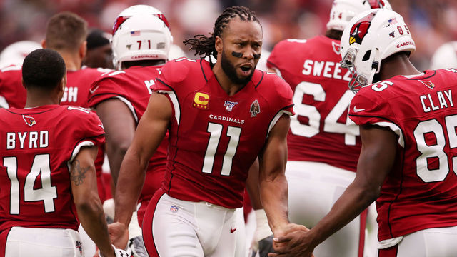 GLENDALE, ARIZONA - SEPTEMBER 08: Wide receiver Larry Fitzgerald #11 of the Arizona Cardinals is introduced prior to their game against the Detroit Lions at State Farm Stadium on September 08, 2019 in Glendale, Arizona.