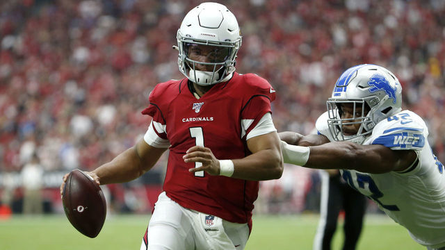 GLENDALE, ARIZONA - SEPTEMBER 08: Quarterback Kyler Murray #1 of the Arizona Cardinals tries to elude the tackle of Devon Kennard #42 of the Detroit Lions during the first half of the NFL football game at State Farm Stadium on September 08, 2019 in Glendale, Arizona.