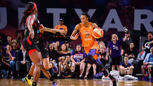 PHOENIX, AZ- SEPTEMBER 8: DeWanna Bonner #24 of the Phoenix Mercury handles the ball during the game against the Las Vegas Aces on September 8, 2019 at the Talking Stick Resort Arena, in Phoenix, Arizona. Mandatory Copyright Notice: Copyright 2019 NBAE