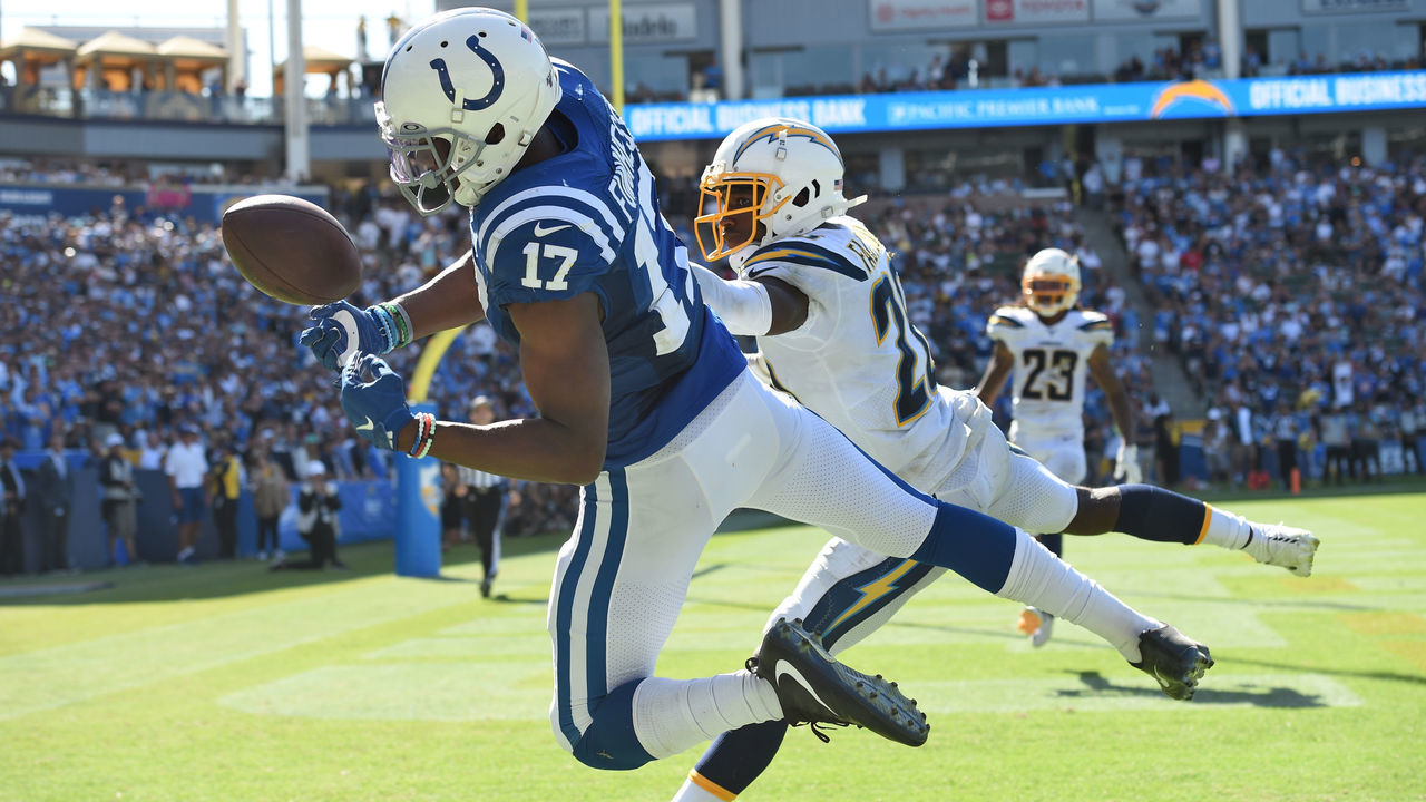 LOS ANGELES, CA - SEPTEMBER 08: Indianapolis Colts Wide Receiver Devin Funchess (17) narrowly misses catching a pass in the endzone against Los Angeles Chargers Cornerback Brandon Facyson (28) during an NFL game between the Indianapolis Colts and the Los Angeles Chargers on September 08, 2019, at Dignity Health Sports Park in Los Angeles, CA.