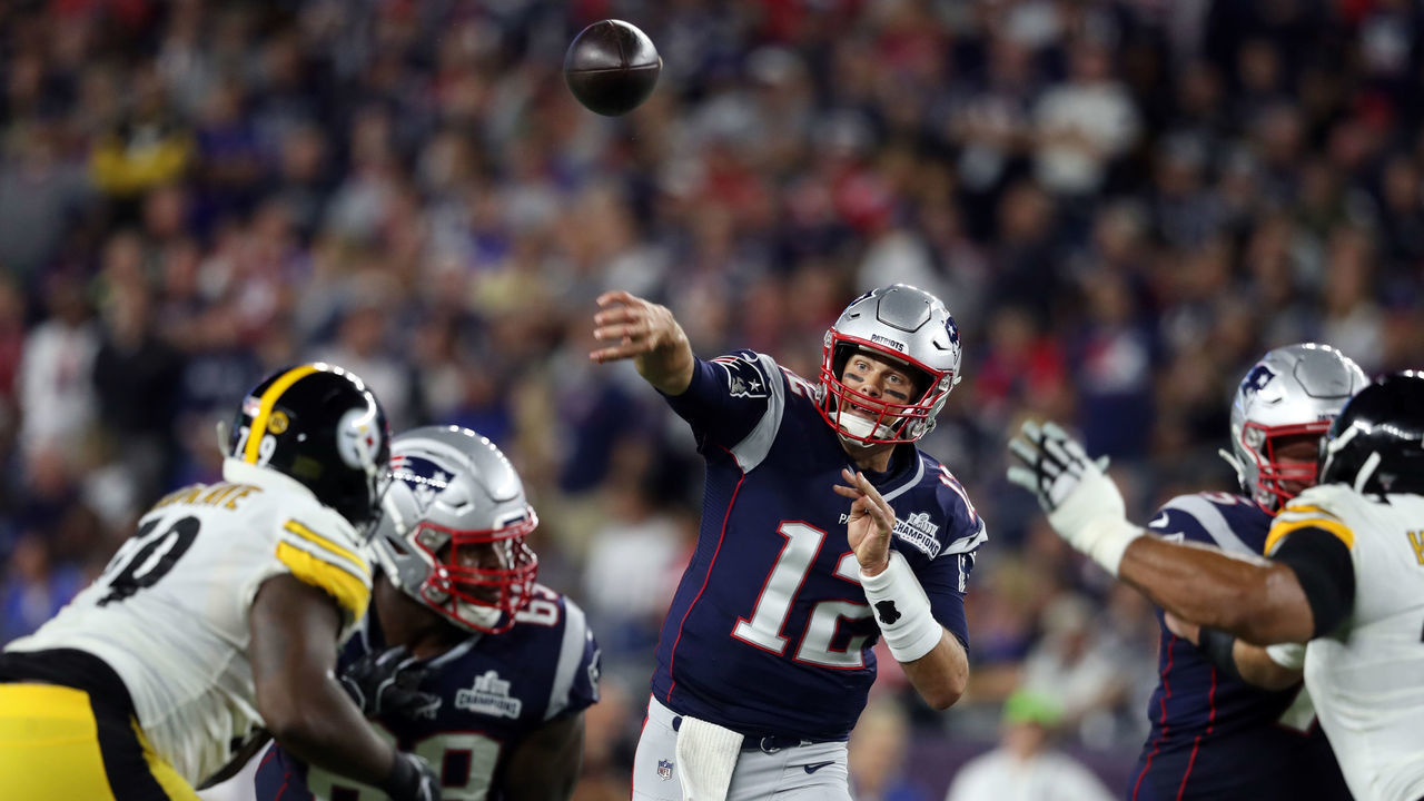 FOXBOROUGH, MA - SEPTEMBER 8: New England Patriots quarterback Tom Brady throws a pass in the second quarter. The New England Patriots host the Pittsburgh Steelers in the season opener at Gillette Stadium in Foxborough, MA on Sept. 8, 2019.