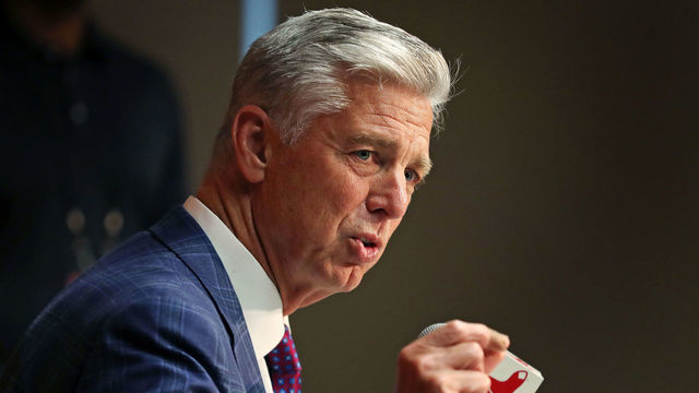 BOSTON - JULY 31: Before the game, Boston Red Sox president of baseball operations Dave Dombrowski meets with the media to take questions regarding the team's lack of a trade before the deadline expired. The Boston Red Sox host the Tampa Bay Rays in a regular season MLB baseball game at Fenway Park in Boston on July 31, 2019.