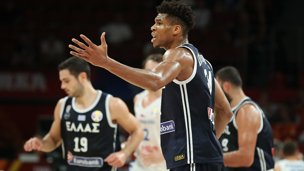SHENZHEN, CHINA - SEPTEMBER 09: Giannis Antetokounmpo #34 of Greece reacts during FIBA World Cup 2019 Group K match between Czech Republic and Greece at Shenzhen Bay Sports Centre on September 9, 2019 in Shenzhen, China.