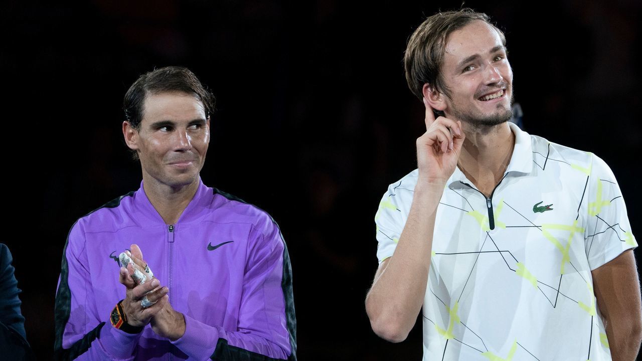 Rafael Nadal of Spain (L) and Daniil Medvedev of Russia (R) speak to the crowd after their finals men's Singles match at the 2019 US Open at the USTA Billie Jean King National Tennis Center in New York on September 8, 2019.