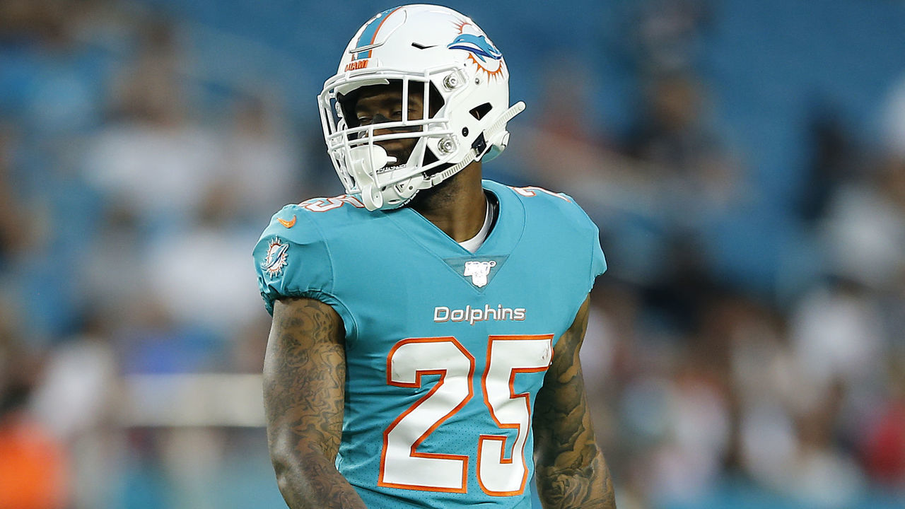 MIAMI, FLORIDA - AUGUST 08: Xavien Howard #25 of the Miami Dolphins in action against the Atlanta Falcons during the preseason game at Hard Rock Stadium on August 08, 2019 in Miami, Florida.