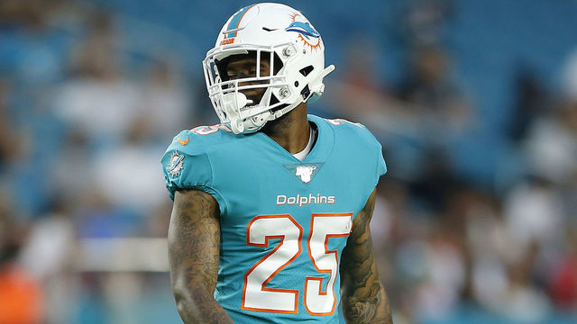 MIAMI, FLORIDA - AUGUST 08: Xavien Howard #25 of the Miami Dolphins in action against the Atlanta Falcons during the preseason game at Hard Rock Stadium on August 08, 2019 in Miami, Florida.