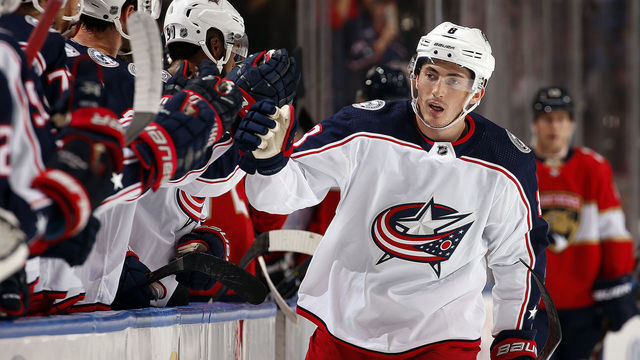 SUNRISE, FL - OCTOBER 11: Zach Werenski #8 Columbus Blue Jackets celebrates his goal with teammates during the first period against the Florida Panthers at the BB&T Center on October 11, 2018 in Sunrise, Florida.
