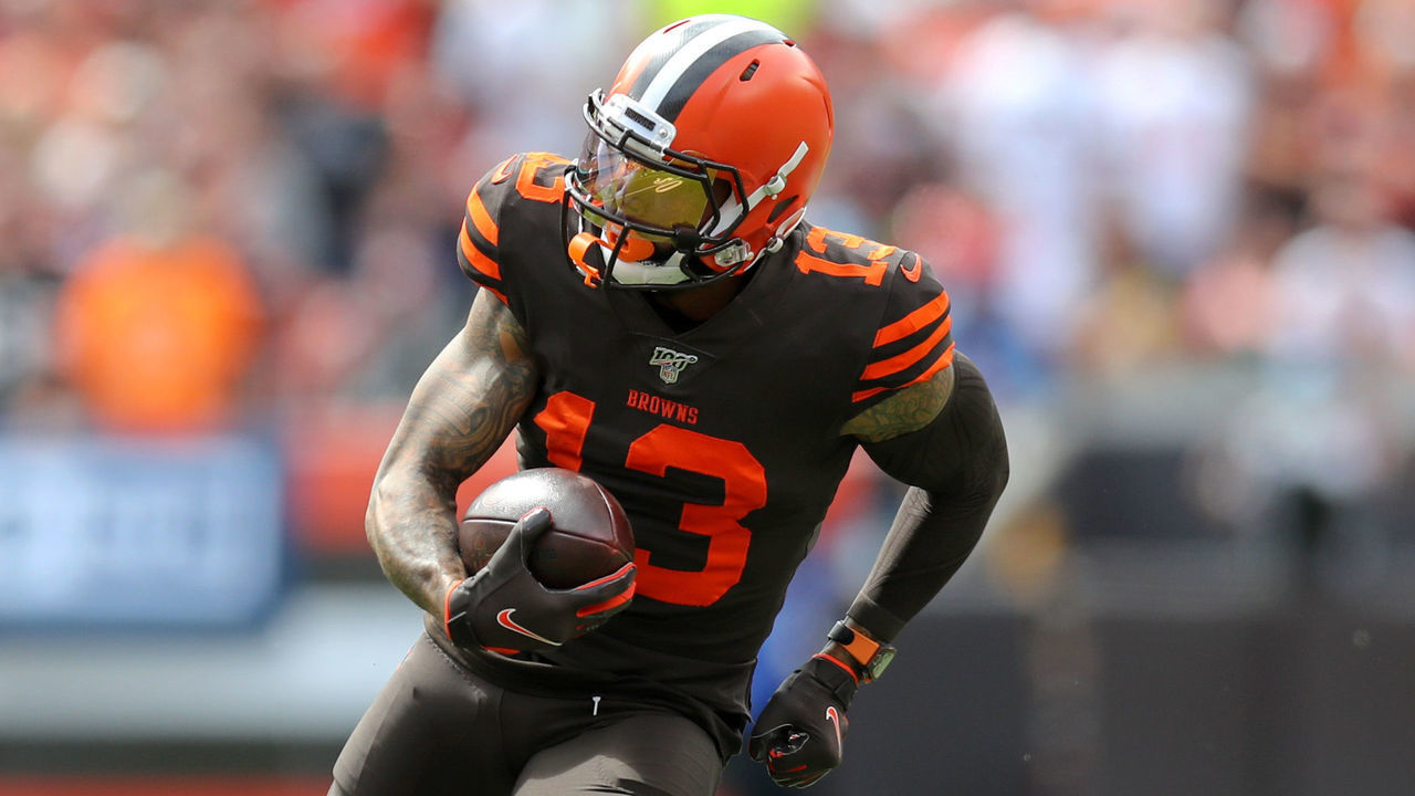CLEVELAND, OH - SEPTEMBER 08: Cleveland Browns wide receiver Odell Beckham Jr. (13) runs after making a catch during the first quarter of the the National Football League game between the Tennessee Titans and Cleveland Browns on September 8, 2019, at FirstEnergy Stadium in Cleveland, OH.