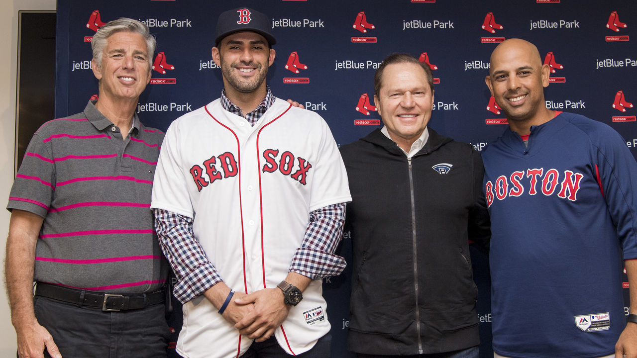FT. MYERS, FL - FEBRUARY 26: J.D. Martinez #28 of the Boston Red Sox poses for a photograph with Boston Red Sox President of Baseball Operations Dave Dombrowski, agent Scott Boras, and manager Alex Cora during a press conference announcing his signing on February 26, 2018 at jetBlue Park at Fenway South in Fort Myers, Florida .