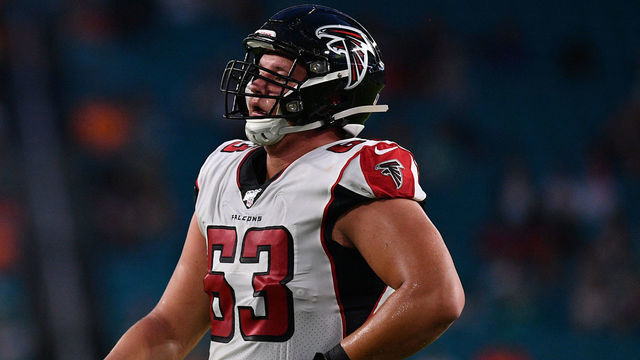 MIAMI, FL - AUGUST 08: Chris Lindstrom #63 of the Atlanta Falcons lines up in the first quarter during a preseason game against the Miami Dolphins at Hard Rock Stadium on August 8, 2019 in Miami, Florida.