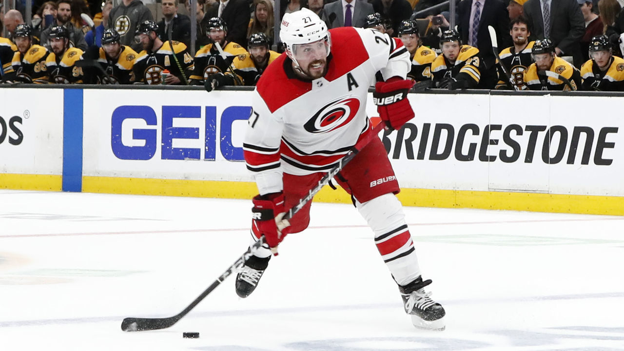 BOSTON, MA - MAY 12: Carolina Hurricanes defenseman Justin Faulk (27) shoots on the power play during Game 2 of the Stanley Cup Playoffs Eastern Conference Finals on May 12, 2019, at TD Garden in Boston, Massachusetts.
