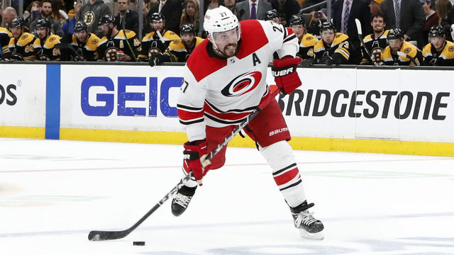 BOSTON, MA - MAY 12: Carolina Hurricanes defenseman Justin Faulk (27) shoots on the power play during Game 2 of the Stanley Cup Playoffs Eastern Conference Finals on May 12, 2019, at TD Garden in Boston, Massachusetts.