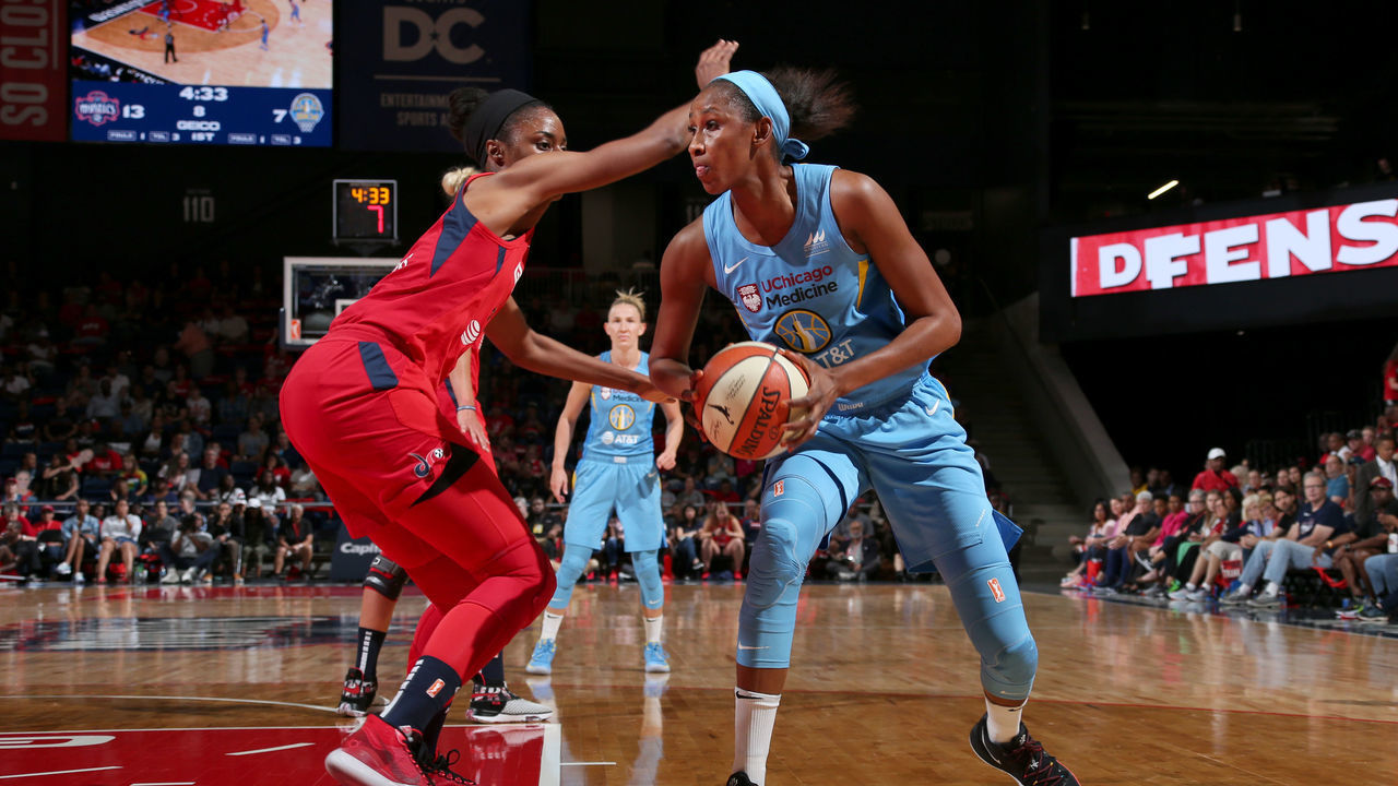 WASHINGTON, DC - SEPTEMBER 8: Astou Ndour #45 of the Chicago Sky handles the ball against the Washington Mysticson September 8, 2019 at the St Elizabeths East Entertainment & Sports Arena in Washington, DC. NOTE TO USER: User expressly acknowledges and agrees that, by downloading and/or using this photograph, user is consenting to the terms and conditions of the Getty Images License Agreement. Mandatory Copyright Notice: Copyright 2019 NBAE