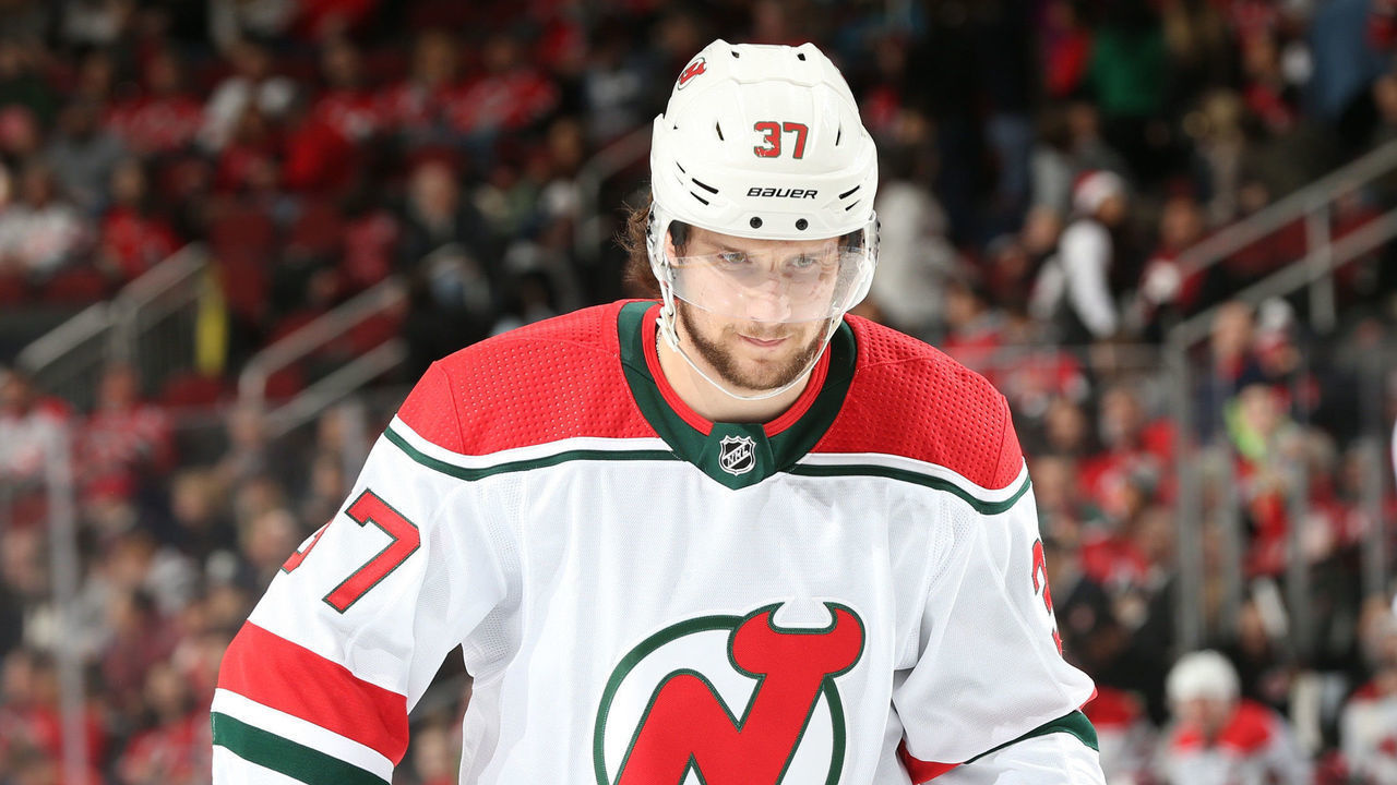 NEWARK, NJ - DECEMBER 23: Pavel Zacha #37 of the New Jersey Devils skates against the Columbus Blue Jackets at Prudential Center on December 23, 2018 in Newark, New Jersey. The Columbus Blue Jackets won 3-0.