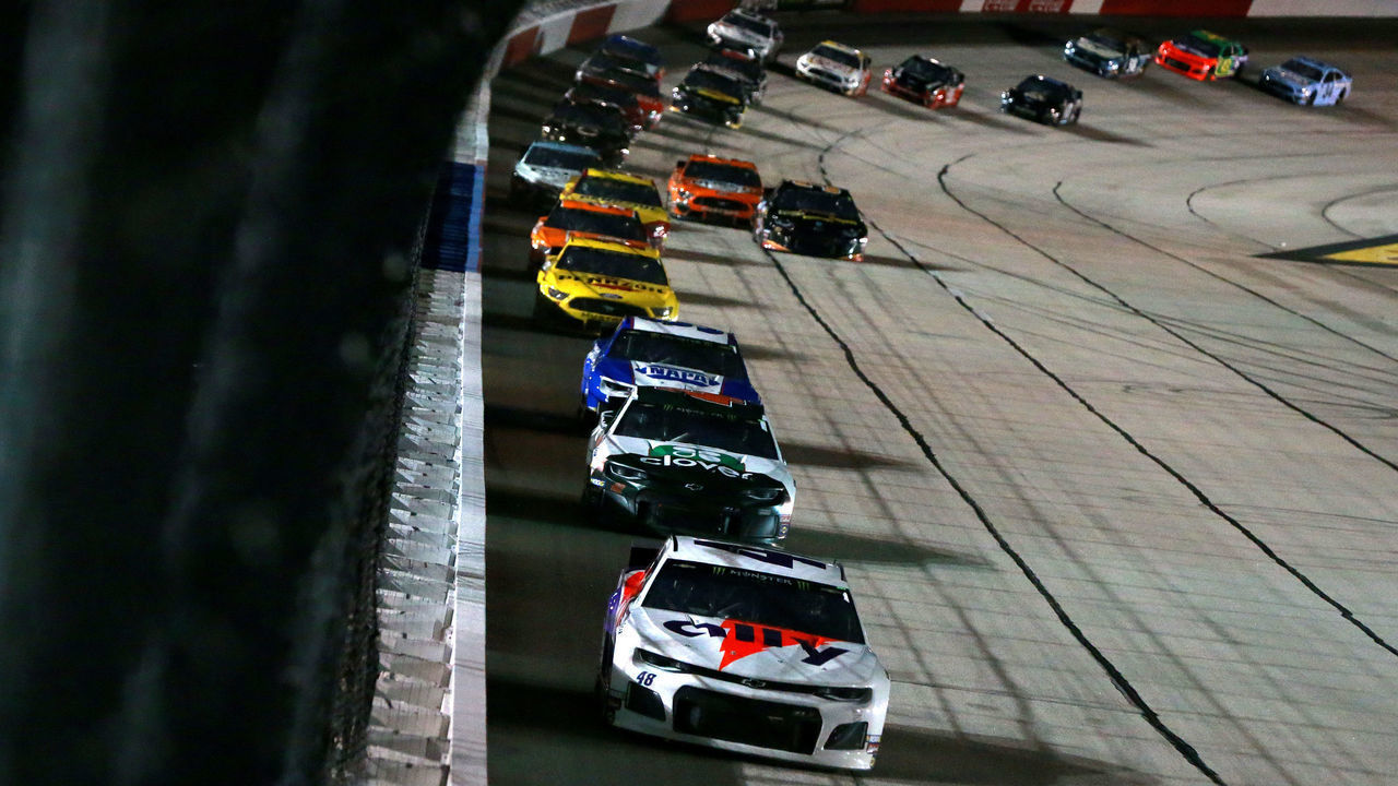 DARLINGTON, SOUTH CAROLINA - SEPTEMBER 01: Jimmie Johnson, driver of the #48 Ally Throwback Chevrolet, leads a pack of cars during the Monster Energy NASCAR Cup Series Bojangles' Southern 500 at Darlington Raceway on September 01, 2019 in Darlington, South Carolina.