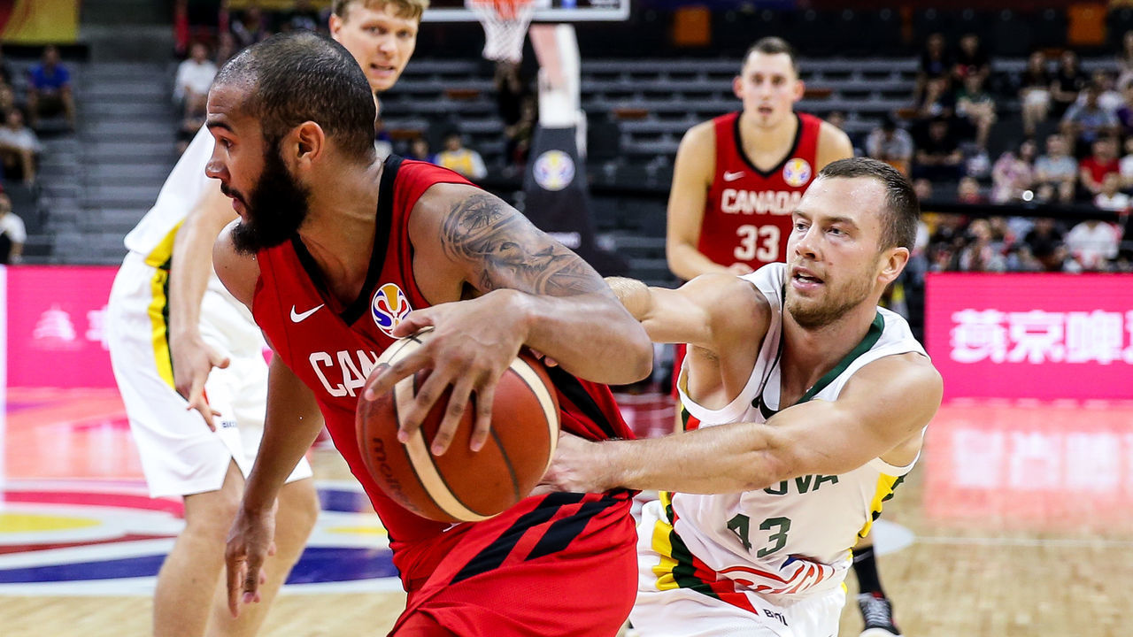 DONGGUAN, CHINA - SEPTEMBER 03: #6 Cory Joseph of Lithuania in action during the 2019 FIBA World Cup, first round match between Lithuania and Canada at Dongguan Basketball Center on September 03, 2019 in Dongguan, China.