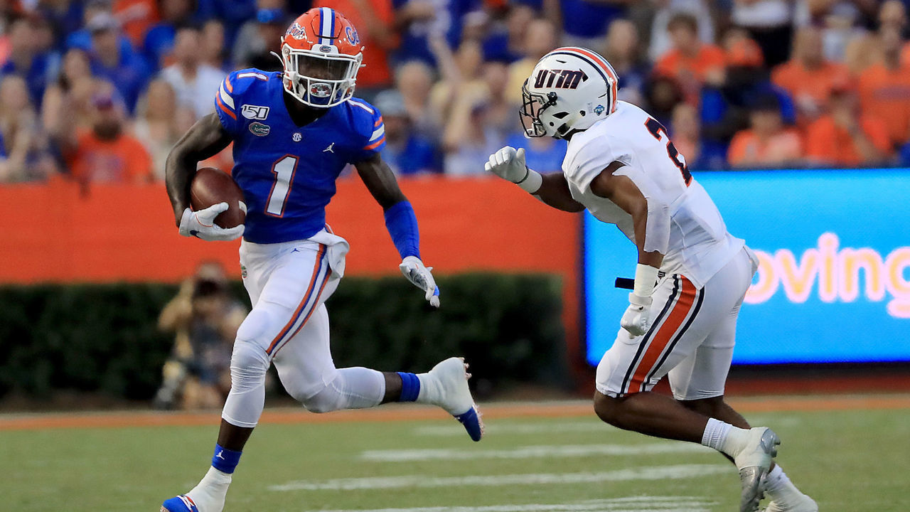 GAINESVILLE, FLORIDA - SEPTEMBER 07: Kadarius Toney #1 of the Florida Gators runs for yardage during the game against the Tennessee Martin Skyhawks at Ben Hill Griffin Stadium on September 07, 2019 in Gainesville, Florida.