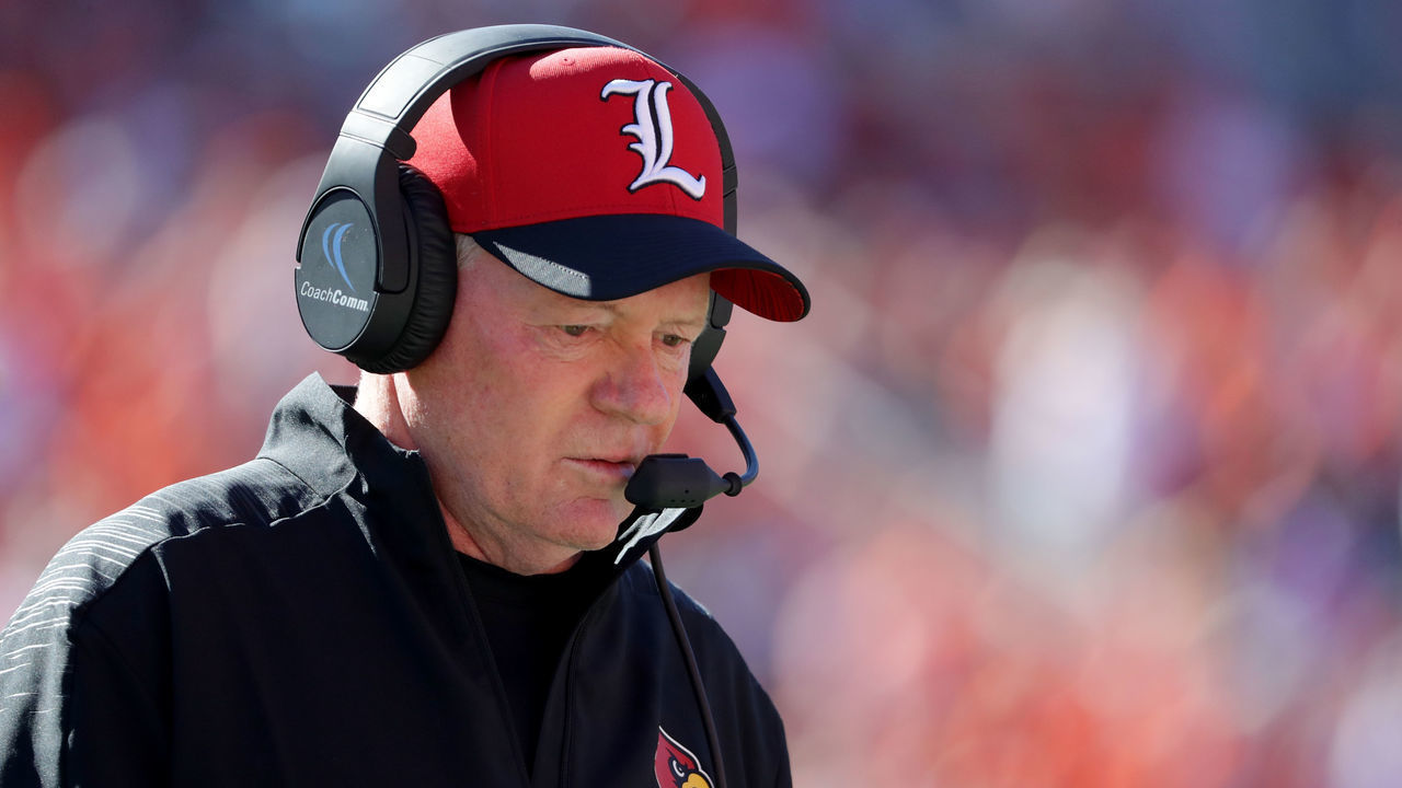 CLEMSON, SC - NOVEMBER 03: Head coach Bobby Petrino of the Louisville Cardinals watches on against the Clemson Tigers during their game at Clemson Memorial Stadium on November 3, 2018 in Clemson, South Carolina.