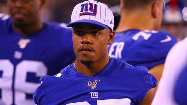 EAST RUTHERFORD, NJ - AUGUST 16: New York Giants wide receiver Sterling Shepard (87) on the bench during the National Football League game between the New York Giants and the Chicago Bears on August 16, 2019 at MetLife Stadium in East Rutherford, NJ.