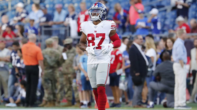 FOXBOROUGH, MA - AUGUST 29: New York Giants wide receiver Sterling Shepard (87) before a game between the New England Patriots and the New York Giants on August 29, 2019, at Gillette Stadium in Foxborough, Massachusetts.