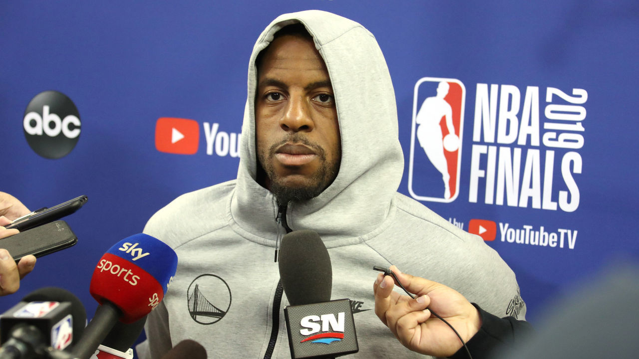 OAKLAND, CA - JUNE 12: Andre Iguodala #9 of the Golden State Warriors speaks to the media during practice and media availability as part of the 2019 NBA Finals on June 12, 2019 at ORACLE Arena in Oakland, California. Mandatory Copyright Notice: Copyright 2019 NBAE