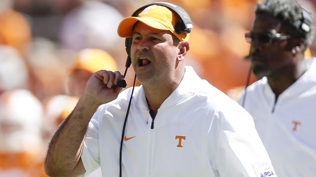 KNOXVILLE, TENNESSEE - AUGUST 31: Head coach Jeremy Pruitt of the Tennessee Volunteers shouts to his players during the first quarter of the season opener against Georgia State Panthers at Neyland Stadium on August 31, 2019 in Knoxville, Tennessee.