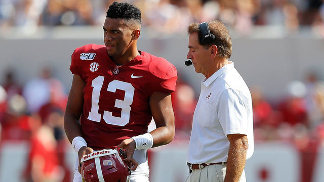 TUSCALOOSA, ALABAMA - SEPTEMBER 07: Head coach Nick Saban of the Alabama Crimson Tide converses with Tua Tagovailoa #13 against the New Mexico State Aggies at Bryant-Denny Stadium on September 07, 2019 in Tuscaloosa, Alabama.