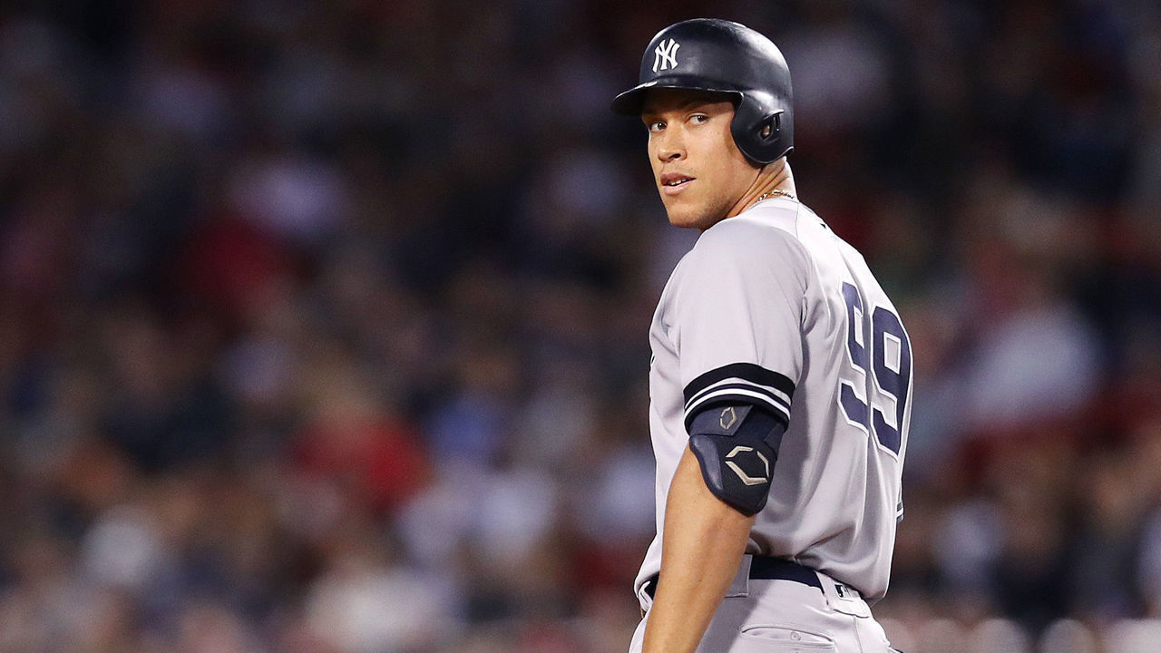 BOSTON, MASSACHUSETTS - SEPTEMBER 09: Aaron Judge #99 of the New York Yankees looks on after hitting a double during the seventh inning of the game between the Boston Red Sox and the New York Yankees at Fenway Park on September 09, 2019 in Boston, Massachusetts.