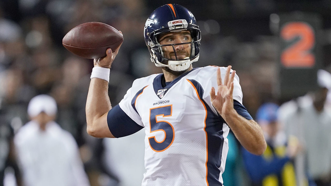 OAKLAND, CA - SEPTEMBER 09: Joe Flacco #5 of the Denver Broncos drops back to pass against the Oakland Athletics during the second quarter of an NFL football game at RingCentral Coliseum on September 9, 2019 in Oakland, California.