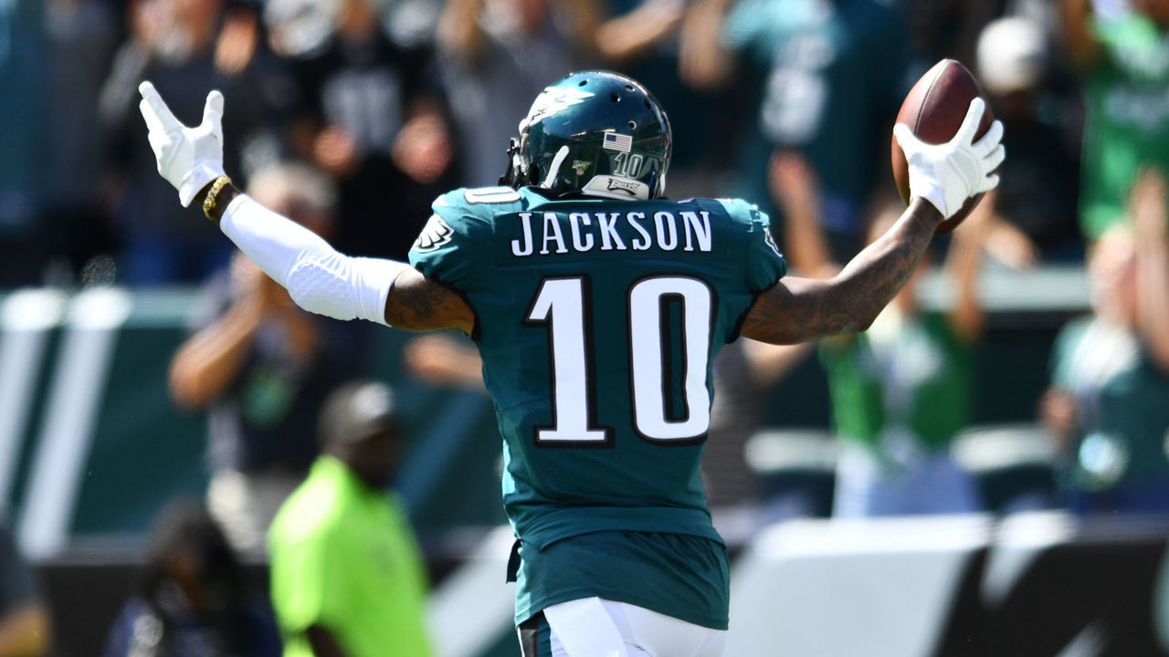 PHILADELPHIA, PA - SEPTEMBER 08: Philadelphia Eagles Wide Receiver DeSean Jackson (10) celebrates a touchdown in the first half during the game between the Washington Redskins and Philadelphia Eagles on September 08, 2019 at Lincoln Financial Field in Philadelphia, PA.