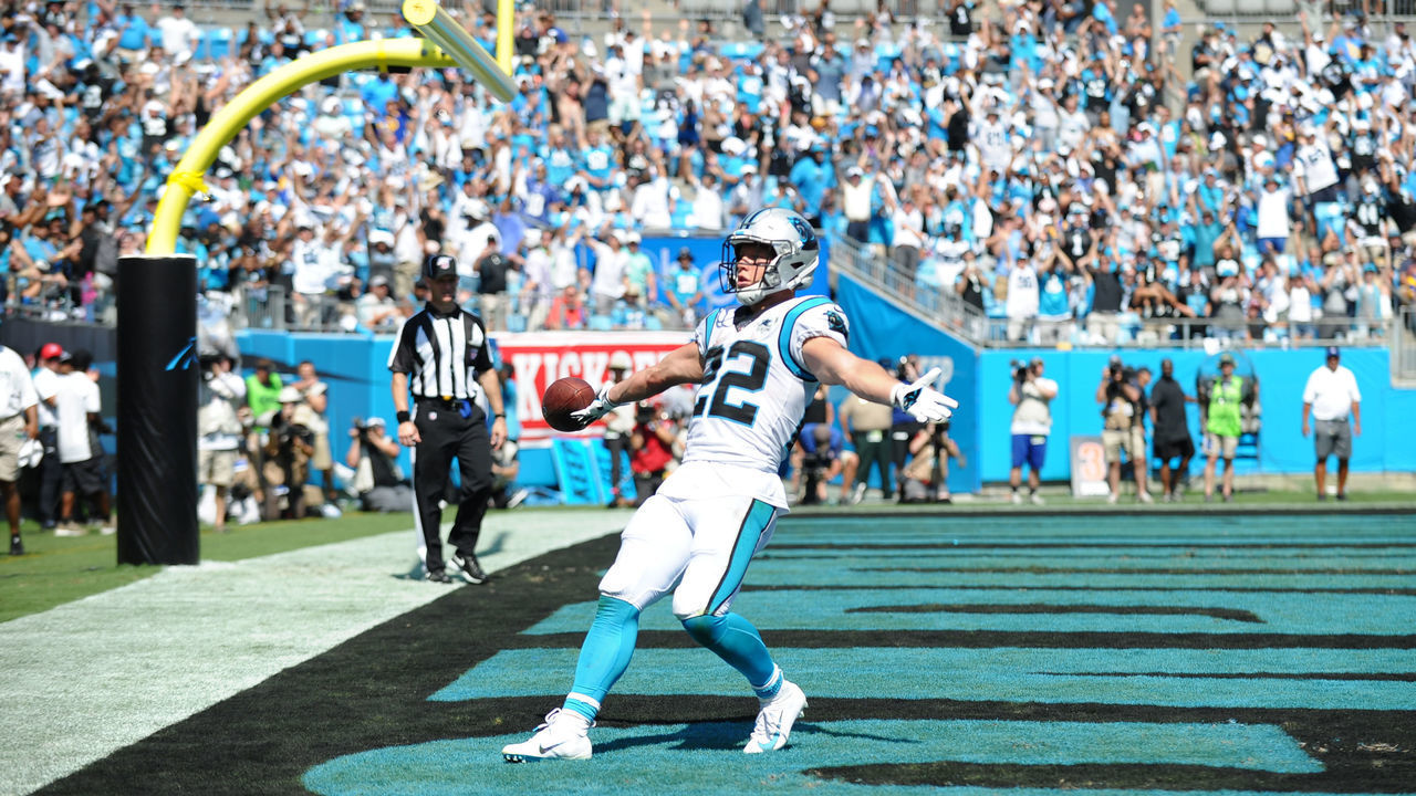 CHARLOTTE, NC - SEPTEMBER 08: Carolina Panthers running back Christian McCaffrey (22) celebrates a touchdown during the game between the Los Angeles Rams and the Carolina Panthers on September 08, 2019 at Bank of America Stadium in Charlotte,NC.