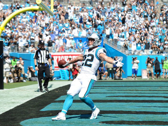 CHARLOTTE, NC - SEPTEMBER 08: Carolina Panthers running back Christian McCaffrey (22) celebrates a touchdown during the game between the Los Angeles Rams and the Carolina Panthers on September 08, 2019 at Bank of America Stadium in Charlotte,NC.