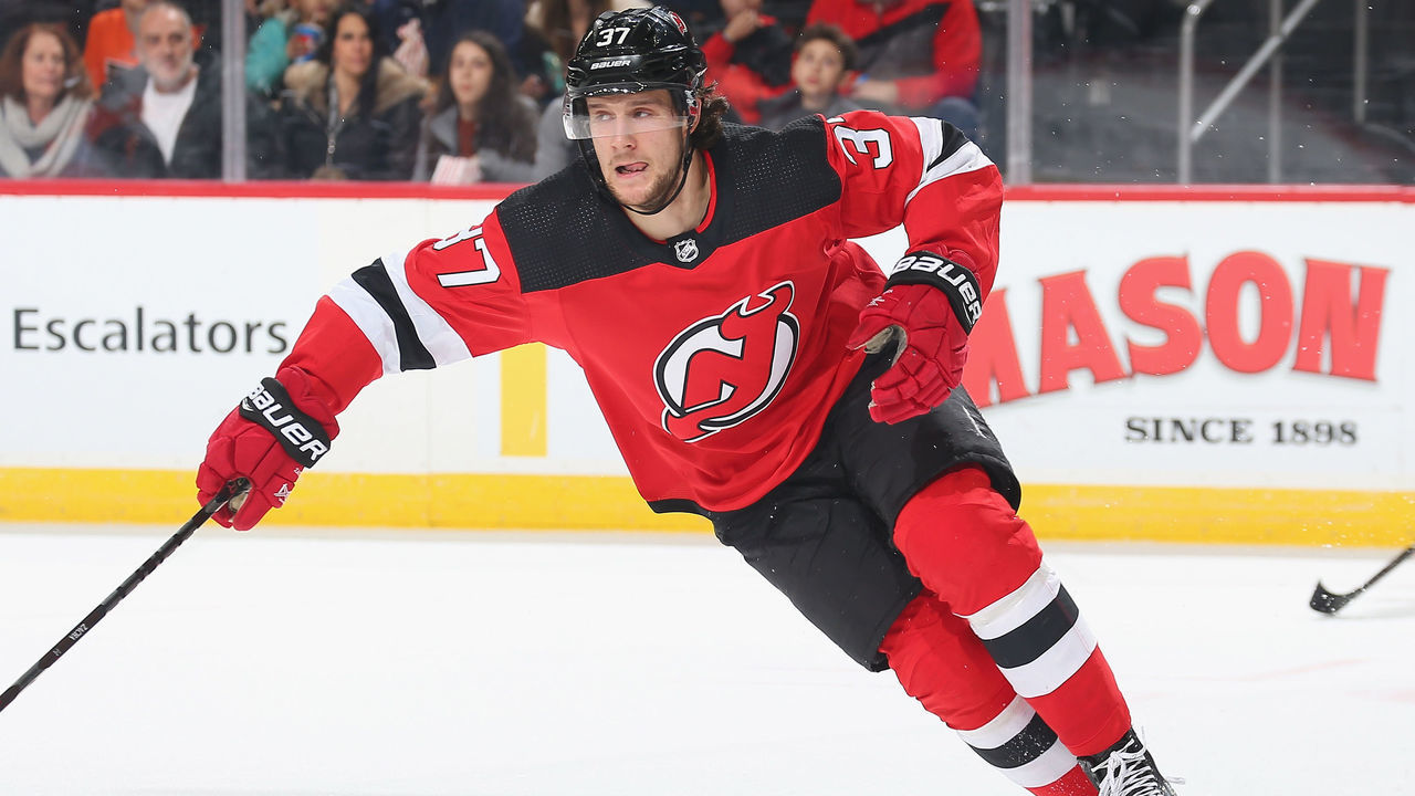 NEWARK, NJ - JANUARY 12: Pavel Zacha #37 of the New Jersey Devils skates against the Philadelphia Flyers during the game at Prudential Center on January 12, 2019 in Newark, New Jersey.
