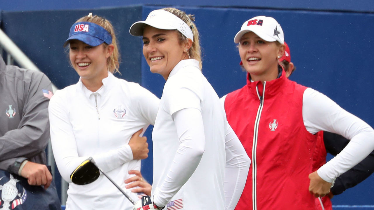 (From left to right) Team USA's Nelly Korda, Lexi Thompson and Jessica Korda on the 1st tee during preview day one of the 2019 Solheim Cup at Gleneagles Golf Club, Auchterarder.