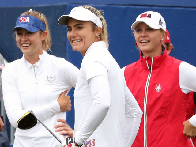 (From left to right) Team USA's Nelly Korda, Lexi Thompson and Jessica Korda on the 1st tee during preview day one of the 2019 Solheim Cup at Gleneagles Golf Club, Auchterarder.