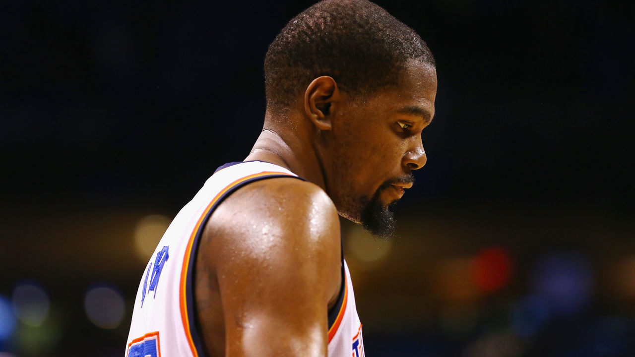 OKLAHOMA CITY, OK - MAY 28: Kevin Durant #35 of the Oklahoma City Thunder reacts during the fourth quarter against the Golden State Warriors in game six of the Western Conference Finals during the 2016 NBA Playoffs at Chesapeake Energy Arena on May 28, 2016 in Oklahoma City, Oklahoma.