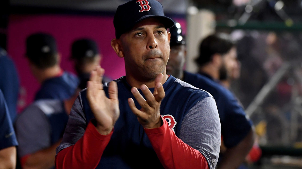 ANAHEIM, CA - AUGUST 30: Alex Cora of the Boston Red Sox during a MLB baseball game between the Los Angeles Angels and the Boston Red Sox at Angel Stadium of Anaheim on Friday, Aug. 30, 2019 in Anaheim, California.