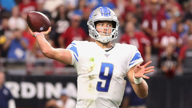 GLENDALE, ARIZONA - SEPTEMBER 08: Quarterback Matthew Stafford #9 of the Detroit Lions throws a pass during the second half of the NFL game against the Arizona Cardinals at State Farm Stadium on September 08, 2019 in Glendale, Arizona. The Lions and Cardinals tied 27-27.