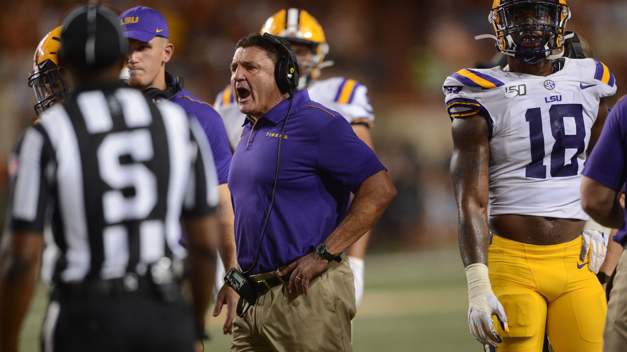 AUSTIN, TX - SEPTEMBER 07: LSU Tigers head coach Ed Orgeron barks orders during the Texas Longhorns game against the LSU Tigers on September 7, 2019, at Darrell K Royal-Texas Memorial Stadium in Austin, Texas.